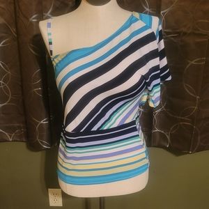 BCX Women Top Size L Striped One Shoulder Modern Y2K Trendy Colorful Blouse